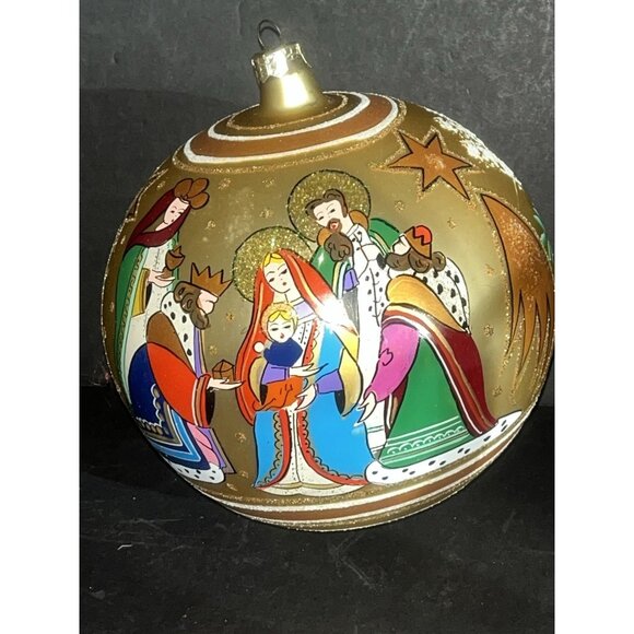 Vintage Large Christmas Ornament Nativity Scene Hand Painted Glass Glitter 5" - Picture 2 of 10